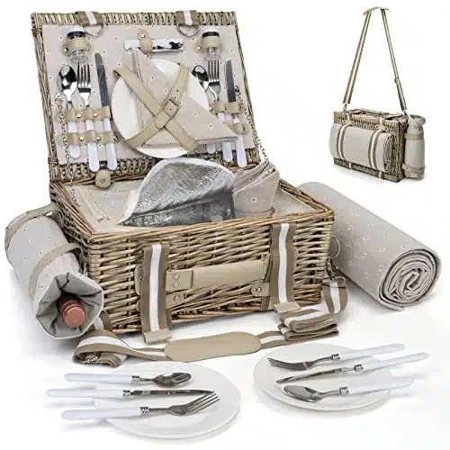 Pcs Picnic Basket Set for with Insulated Liner and Waterproof Blanket Wine Pouch, Large Wicker Picnic Hamper for Camping,Outdoor,Valentine Day,Thanks Giving,Birthday Christmas