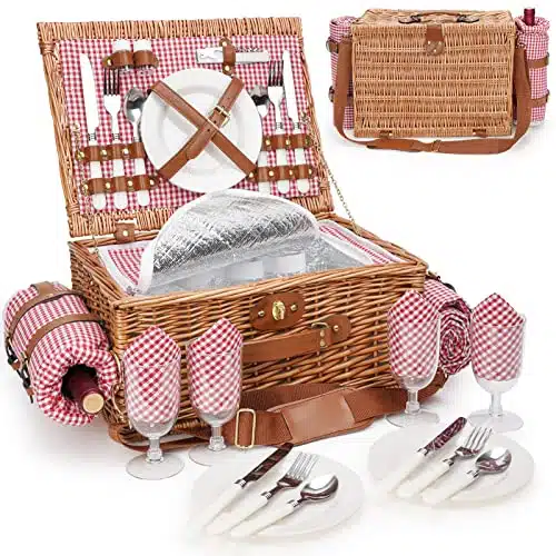 Picnic Basket for , Insulated Willow Picnic Baskets with Shoulder Strap, Picnic Hamper with Waterproof Picnic Blanket, Handmade Wicker Hamper for Outdoor, Great Gifts for Than