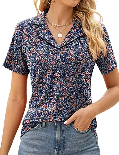 Rapbin Womens Polo Shirts V Neck Collared Work Shirts Short Sleeve Summer Floral Tops Blue Brown Floral XL