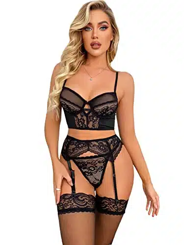 SOLY HUX Sexy Lingerie for Women Naughty Piece Lace Garter Belt Bodydoll Lingerie Set with Stocking Underwire Bra and Panty Black S