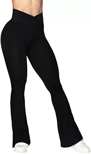 Sunzel Flare Leggings, Crossover Yoga Pants for Women with Tummy Control, High Waisted and Wide Leg Black