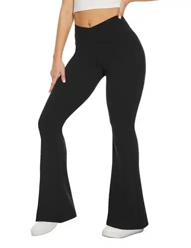 TNNZEET Black Flare Leggings for Women, Crossover Yoga Pants with Pockets Bootcut Flared Leggings