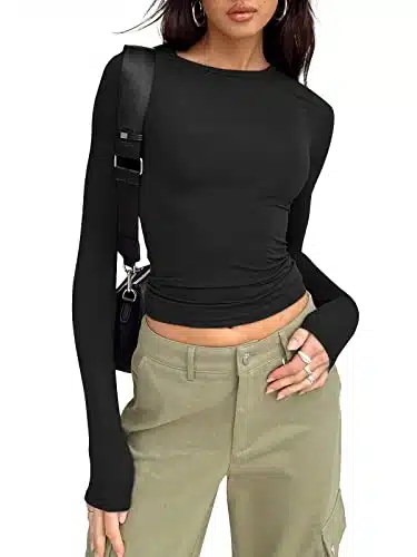 Trendy Queen Long Sleeve Shirts for Women Basic Spring Crop Tops Tees Tight Slim Fit Cute Going Out New Year Outfits Teen Girls Fall Winter Yk Clothing Black