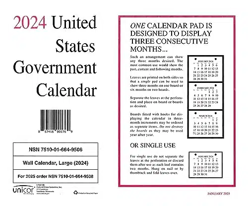 Unicor  Government Wall Calendar, Qty=, Single Calendar