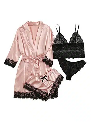 WDIRARA Women' Silk Satin Pajamas Set pcs Lingerie Floral Lace Cami Sleepwear with Robe Pink M