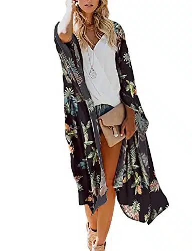 Women's Fall Chiffon Long Kimono Cardigans Dusters Boho Floral Beach Swimsuit Swimwear Cover Ups Maternity Tops Sheer Thin Hawaiian Tropical Leaf Print Black Small