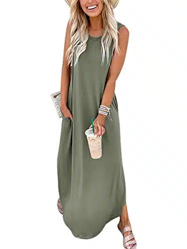 ANRABESS Women Dresses Sleeveless Split Long Maxi Beach Dress for Beach with Pockets Aganlanlv XL Olive