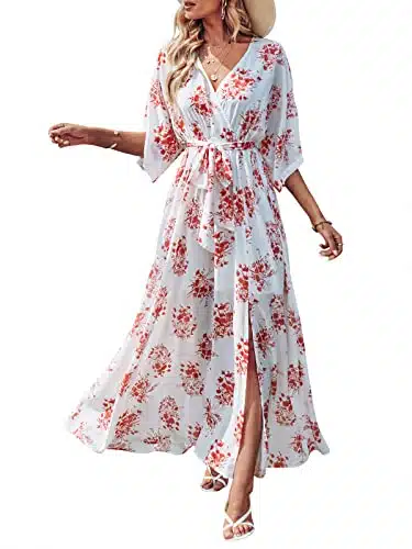 ANRABESS Women Kimono Summer Side Split Wrap V Neck Short Sleeves Maxi Dress Floral Print Beach Dress with Belt honghuacao M