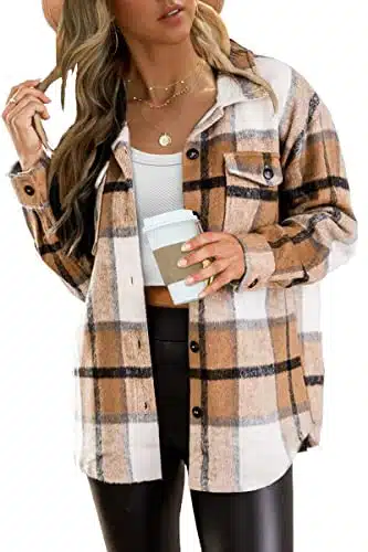 AUTOMET Womens Oversized Flannel Jacket Shirts Blend Button Down Long Sleeve Shacket Clothes Fall Fashion Tops Blouse Apricot