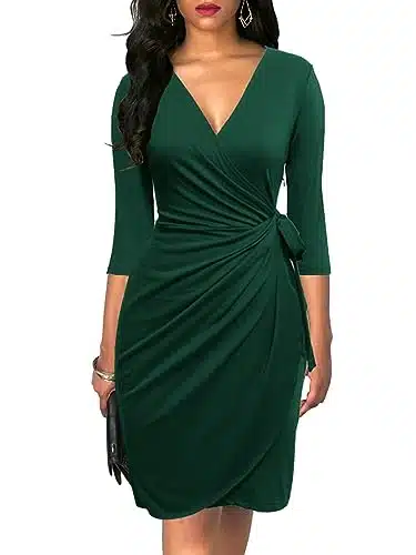 Berydress Women's Classic Sleeve V Neck Sheath Casual Party Work Faux Black Wrap Dress (L, Dark Green)