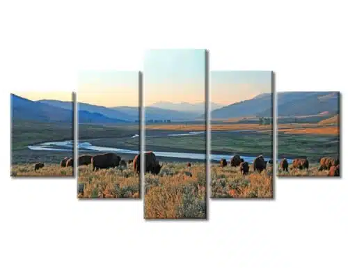 Canvas Wall Art Yellowstone National Park Picture Prints Wall Decor Lamar Valley Bison Buffalo Herd Modern Art Home Decoration for Living Room, Bedroom and Office Decor Ready 