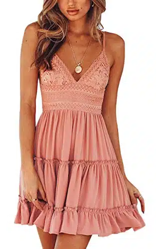 ECOWISH Womens V Neck Spaghetti Strap Bowknot Backless Sleeveless Lace Mini Swing Skater Dress Pink edium