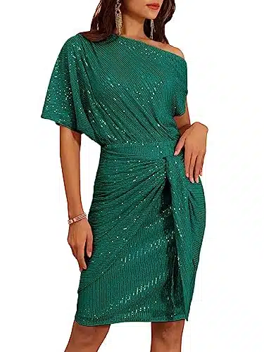 GRACE KARIN Party Dreses for Women Short Sleeve Sparkle Glitter Sequin Dresses Blue Green M