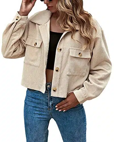 Gihuo Women's Fashion Cropped Shacket Button Down Corduroy Shacket Jackets Casual Plaid Long Sleeve Crop Jackets TopsApricot M