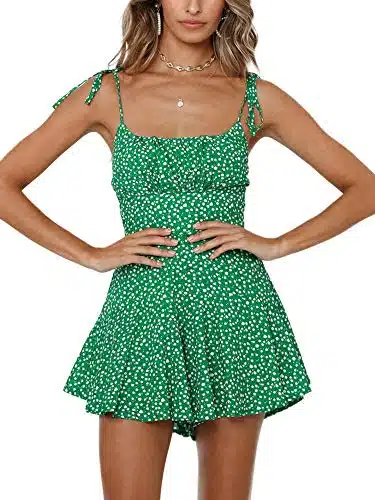 Jeanewpoleomens Floral Print Pleated Spaghetti Strap Rompers Cute Ruffle Summer Short Jumpsuit Playsuit Green