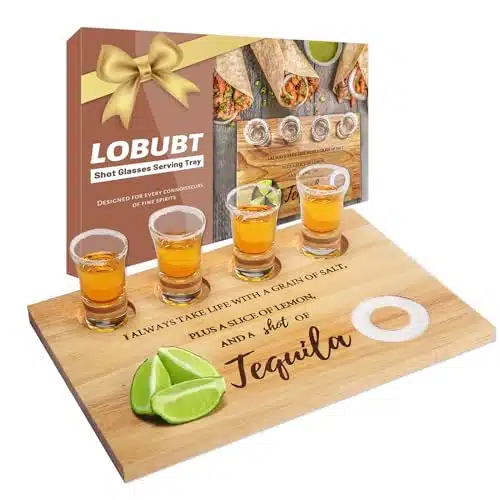 LOBUBT Tequila Shot Glasses Serving Tray Shot Glass Display Case with Salt Rim Funny Shot Glasses Holder Housewarming Gift Alcohol Gifts Good Helper for Bar,Restaurant,Party,F