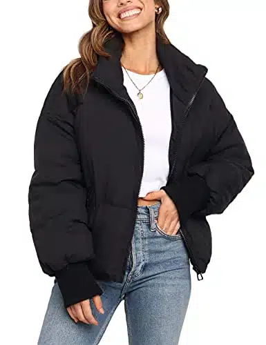 Lianlive Womens Cropped Puffer Jacket Oversized Black Short Puffy Winter Coat (Black M)