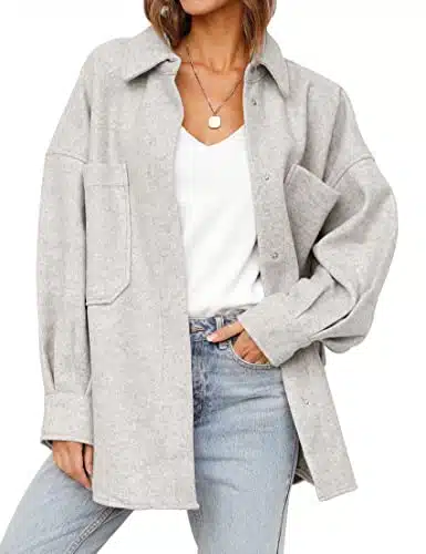 MEROKEETY Womens Fall Casual Button Down Winter Shacket Jackets Long Sleeve Coats with Pockets, LightGrey, L