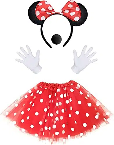 MOVINPE Minnie Mouse Costume Kit for Adults   Red Tutu Skirt, Ears Headband, Gloves, and Nose for Carnival Party