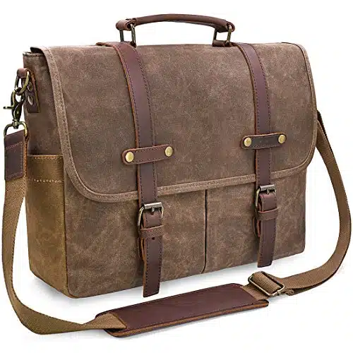 Mens Messenger Bag Inch Waterproof Vintage Genuine Leather Waxed Canvas Briefcase Large Leather Computer Laptop Bag Rugged Satchel Shoulder Bag, Brown