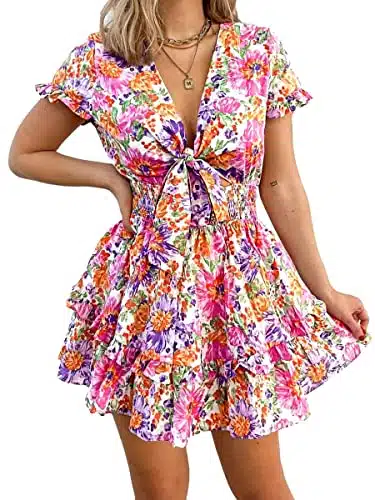 PRETTYGARDEN Women's Summer Swing Mini Dress Tie Front V Neck Short Sleeve Ruffle Layer A Line Short Dress(Floral White,Small)