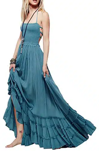 R.Vivimos Womens Summer Cotton Sexy Backless Long Dresses (Medium, Blue)