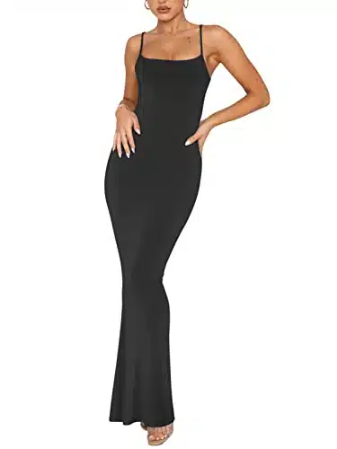 REORIA Women's Sexy Casual Lounge Slip Long Dress Elegant Wedding Guest Sleeveless Backless Ribbed Bodycon Maxi Dresses Black Small