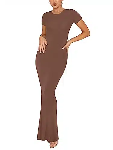 REORIA Women's Summer Sexy Casual Lounge Long Dress Elegant Wedding Guest Short Sleeve Crew Neck Bodycon Maxi Dresses Coffee X Large