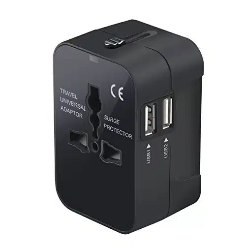 Travel Adapter, Worldwide All in One Universal Travel Adaptor Wall AC Power Plug Adapter Wall Charger with Dual USB Charging Ports for USA EU UK AUS Cell Phone Laptop Black