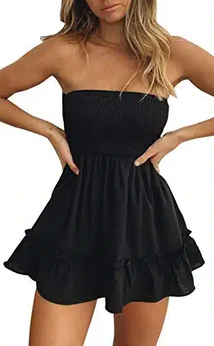 Tsher Tube Top Dress for Women Summer Solid Strapless Mini Dresses, Off The shoudle Ruffle Beach Dress (S, Black Strapless Mini Dresses)