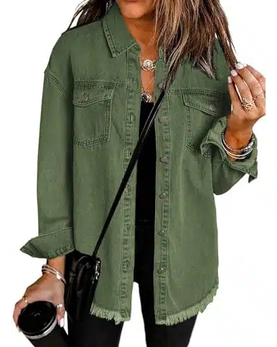 Vetinee Women's Womens Spring Jacket Oversized Boyfriend Elm Green Front Button Up Frayed Raw Hem Long Sleeve Pockets Denim Jean Jacket Shacket Large