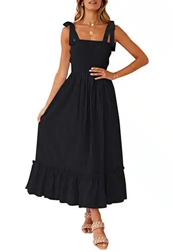 ZESICA Women's Summer Boho Spaghetti Strap Square Neck Solid Color Ruffle A Line Beach Long Maxi Dress,Black,Medium