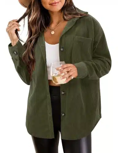 ZOLUCKY Women's Corduroy Shacket Long Sleeve Shirt Oversized Button Down Shacket Jacket, Army Green Medium