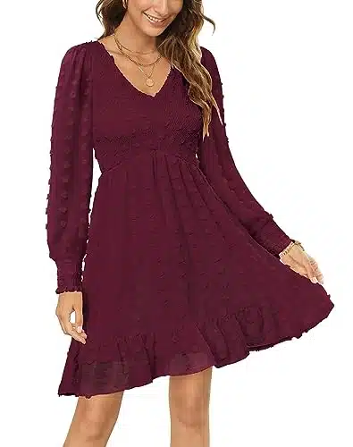 Zattcas Womens Long Sleeve Spring Dresses Swiss Dot Smocked V Neck Babydoll Mini Short Bridal Shower Cocktail Wedding Guest Dress Burgundy XS