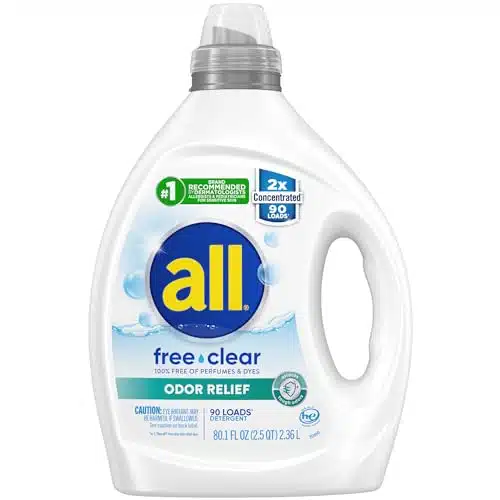 all Laundry Detergent Liquid, Free Clear for Sensitive Skin, Odor Relief, Unscented and Hypoallergenic, X Concentrated, Loads