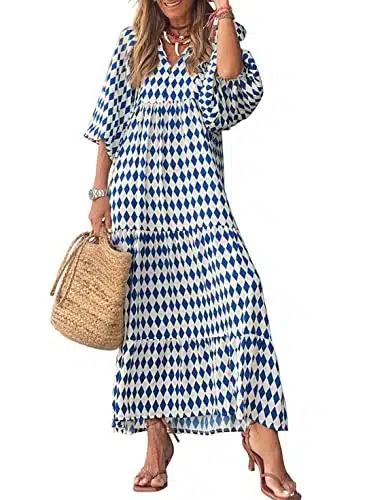 miduo Womens Casual Spring Summer V Neck Short Half Sleeve Bohemian Beach Geometric Pattern Maxi Long Dresses Prom Blue S