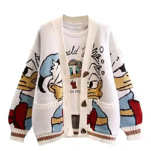 Sjhplzjyer Cartoon Sweater Women Girls Cardigan Sweaters V Neck Long Sleeve Women's Button Knitted Outerwear L White